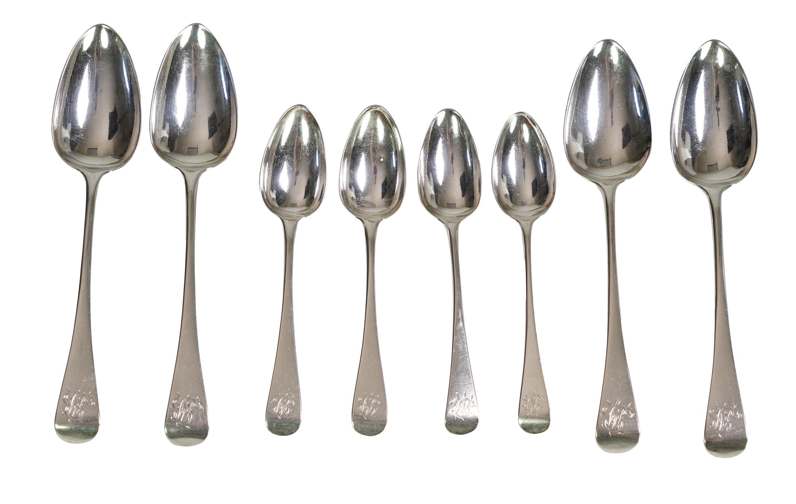A matched part suite of George III/George IV silver Old English pattern flatware, comprising thirty seven items